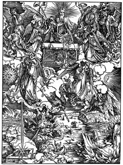 Otwarcie siódmej pieczęci, Siedmiu aniołów z trąbami, 1498, 1936 autorstwa Albrecht Dürer