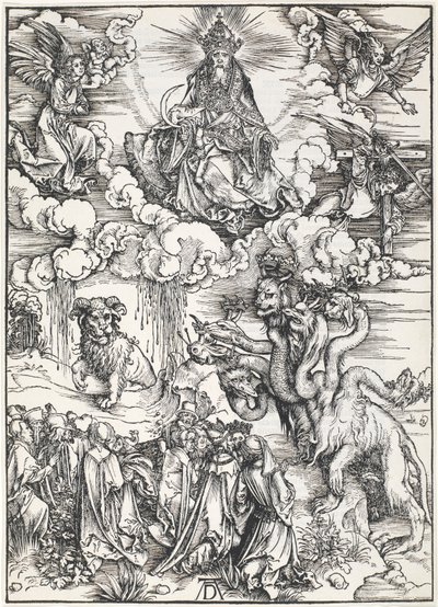 Siedmiogłowa Bestia i Bestia z Baranimi Rogami, z Apokalipsy św. Jana, 1496-98 autorstwa Albrecht Dürer