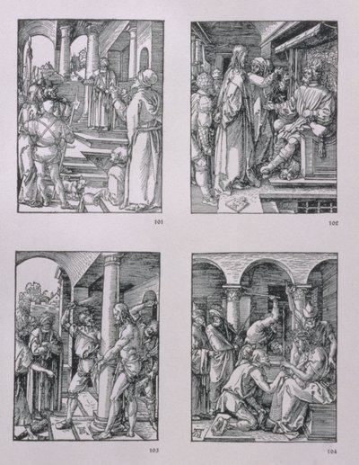Seria „Mała pasja” (zgodnie z ruchem wskazówek zegara): Chrystus przed Piłatem; Chrystus przed Herodem; Biczowanie; Ukoronowanie cierniem, wyd. 1511 autorstwa Albrecht Dürer