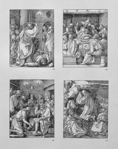 Seria „Mała pasja”: (zgodnie z ruchem wskazówek zegara) Chrystus wypędzający kantorów ze świątyni; Ostatnia Wieczerza; Chrystus umywa stopy Piotrowi; Agonia w ogrodzie, wyd.1511 autorstwa Albrecht Dürer