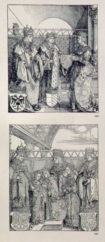 Łuk triumfalny cesarza Maksymiliana I (1459-1519): detal przedstawiający dwa panele umieszczone nad lewym portalem, przedstawiające wydarzenia z życia cesarza Maksymiliana, pub. 151728 autorstwa Albrecht Dürer