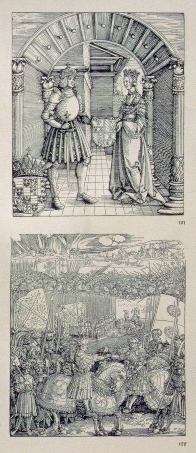 Łuk triumfalny cesarza Maksymiliana I Niemiec (1459-1519): detal przedstawiający dwa panele umieszczone nad lewym portalem, przedstawiające (na górze) Maksymiliana I i jego pierwszą żonę Marię Burgundzką (1457-82 autorstwa Albrecht Dürer