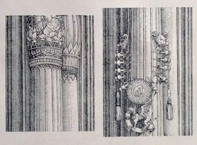 Łuk triumfalny cesarza Maksymiliana I Niemiec (1459-1519): dwa detale centralnej Bramy Honoru i Władzy przedstawiające lewą kolumnę i zdobienia kapitału, datowane na 1515 r., wyd. 151718 (nie autorstwa Albrecht Dürer