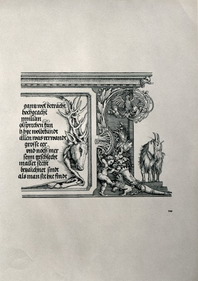 Łuk triumfalny cesarza Maksymiliana I w Niemczech 1459-1519: detal skóry jelenia z inskrypcją wychwalającą powiązania rodzinne cesarza, z kozłem z klapniętymi uszami, symbolem bystrości umysłu. autorstwa Albrecht Dürer