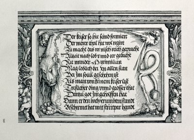 Łuk triumfalny cesarza Maksymiliana I Niemiec 1459-1519: szczegół schematu dekoracyjnego przedstawiający lwią skórę z napisem wychwalającym związki z rodziną cesarzy, wyd. 151718 drzeworyt autorstwa Albrecht Dürer