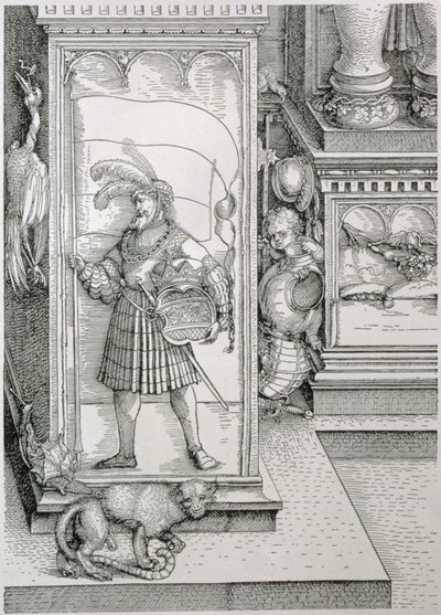 Łuk triumfalny cesarza Maksymiliana I w Niemczech 1459-1519: detal podstawy kolumny portalu z rzeźbioną płaskorzeźbą postaci męskiej niosącej sztandar i herb w koronie, pub. 151718 drzeworyt autorstwa Albrecht Dürer