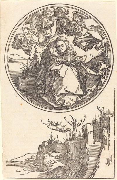 Dziewica ukoronowana przez dwa anioły nad krajobrazem autorstwa Albrecht Dürer