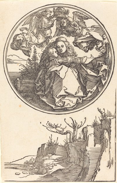 Dziewica ukoronowana przez dwa anioły nad krajobrazem w roku 1515 lub wcześniej. autorstwa Albrecht Dürer