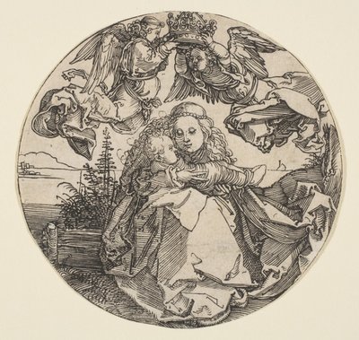 Dziewica z Dzieciątkiem ukoronowana przez dwa anioły nad wyciętym pejzażem, ok. godz. 1504. autorstwa Albrecht Dürer
