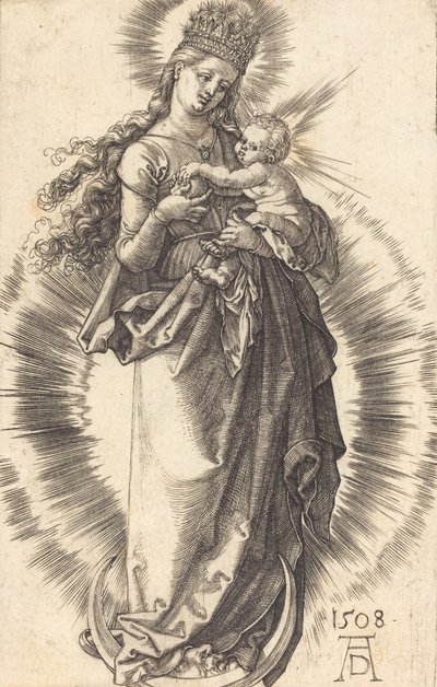 Dziewica z Dzieciątkiem na półksiężycu z gwiaździstą koroną, 1508. autorstwa Albrecht Dürer