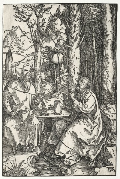 Wizyta św. Antoniego u św. Pawła Pustelnika, ok. godz. 1504. autorstwa Albrecht Dürer