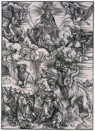 Zwierzę z rogami baranka, postać XI, arkusz 13 z cyklu „Apokalipsa” autorstwa Albrecht Dürer