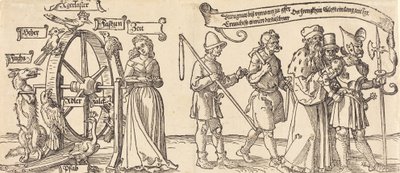 Czas i lis obracający kołem fortuny z ludźmi wszystkich rang na prawo, prawdopodobnie 1526. autorstwa Albrecht Dürer