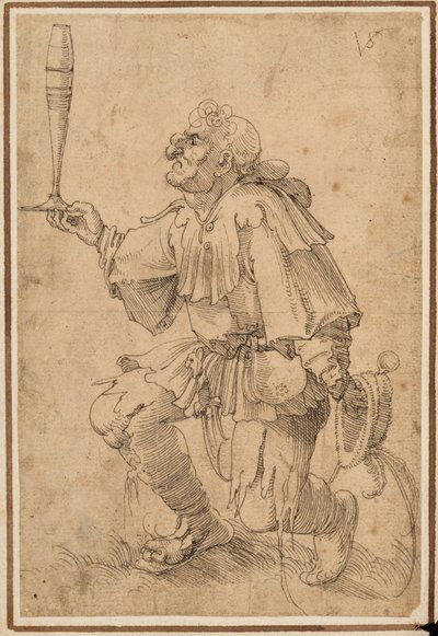 Groteskowy klęczący mężczyzna trzymający u podstawy wysoką szklankę piwa autorstwa Albrecht Dürer
