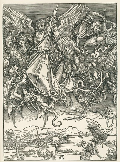 Archanioł Michał walczący ze smokiem. Objawienie Świętego Jana, ok. 1498 (drzeworyt) autorstwa Albrecht Dürer or Duerer