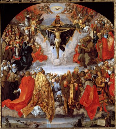 Bóg Jezus Chrystus i gołębica Ducha Świętego (ołtarz Wszystkich Świętych) (olej na drewnie) autorstwa Albrecht Dürer