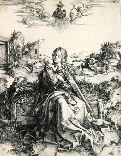 Madonna com um polonês de libélula (gravura) autorstwa Albrecht Dürer