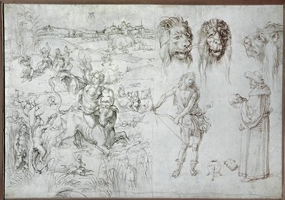 Gwałt na Europie, głowy lwów, łucznik, mędrzec, czaszka (rysunek) autorstwa Albrecht Dürer or Duerer