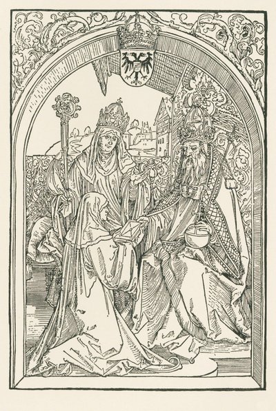 Roswitha w obecności swojej siostrzenicy Gerby, opatki Gandersheim, prezentuje swoje dzieła cesarzowi Ottonowi I. autorstwa Albrecht Dürer or Duerer