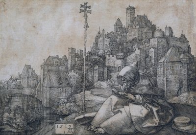 Święty Antoni siedzący przed miastem - Miedzioryt Albrechta Durera (1471-1528) autorstwa Albrecht Dürer