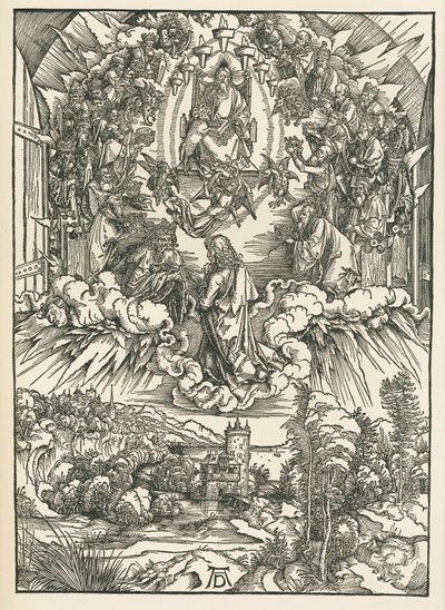 Święty Jan przed Bogiem i dwudziestoma czterema starszymi w niebie. Objawienie świętego Jana, ok. 1496 (drzeworyt) autorstwa Albrecht Dürer or Duerer