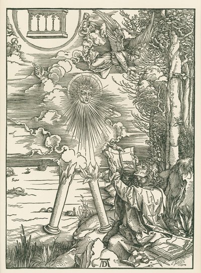 Święty Jan pożerający księgę podarowaną przez anioła. Objawienie Świętego Jana, ok. 1498 (drzeworyt) autorstwa Albrecht Dürer or Duerer