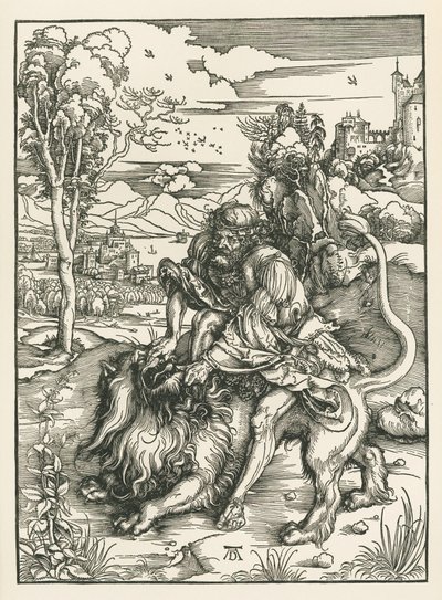 Samson zabijający lwa, ok. 1497-98 (drzeworyt) autorstwa Albrecht Dürer or Duerer