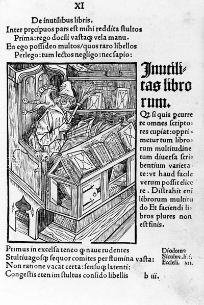 Savant w swoim biurze. Ma okulary. Ksylografia Durera, das narrenschiff Sebastiano Brandta. autorstwa Albrecht Dürer