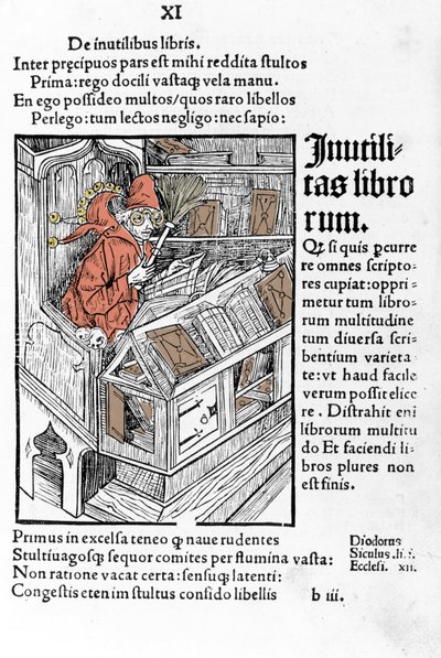 Savant ma swoje biuro. Ma okulary. Ksylografia Durera w „” das narrenschiff”” Sebastiano Brandta. autorstwa Albrecht Dürer