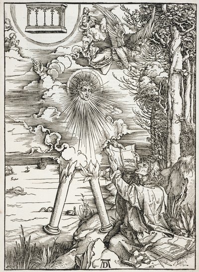 Scena z Apokalipsy, św. Jan pożerający Księgę, wydanie łacińskie autorstwa Albrecht Dürer
