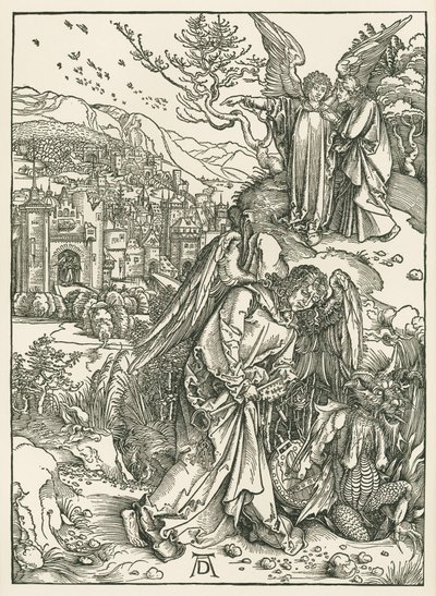 Anioł z kluczem zrzucający smoka do otchłani i inny anioł pokazujący świętemu Janowi Nowe Jeruzalem, ok. 1497-98 (drzeworyt) autorstwa Albrecht Dürer or Duerer