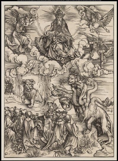 Apokalipsa: Bestia z dwoma rogami jak baranek, 1496-97 autorstwa Albrecht Dürer