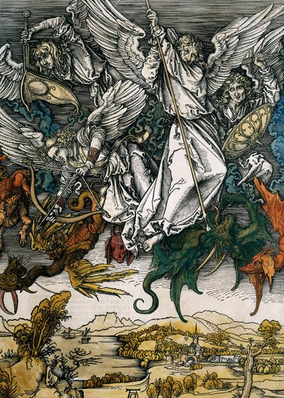 Apokalipsa św. Jana: upadek zbuntowanych aniołów, ca. 1496-1498 (drzewryt) autorstwa Albrecht Dürer