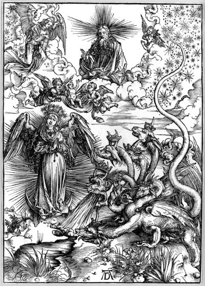 Kobieta Apokaliptyczna lub Kobieta obleczona w Słońce i Siedmiogłowy Smok z Apokalipsa lub Objawienia św. Jana autorstwa Albrecht Dürer