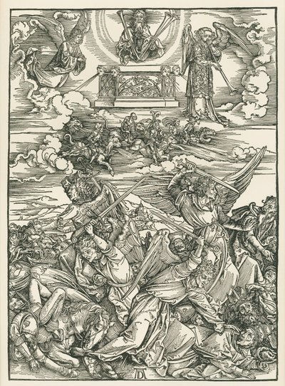 Bitwa aniołów. Objawienie Świętego Jana, ok. 1496-98 (drzeworyt) autorstwa Albrecht Dürer or Duerer