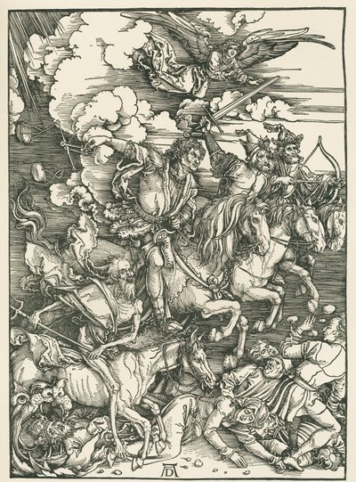 Czterej jeźdźcy Apokalipsy. Apokalipsa świętego Jana, ok. 1497-98 (drzeworyt) autorstwa Albrecht Dürer or Duerer