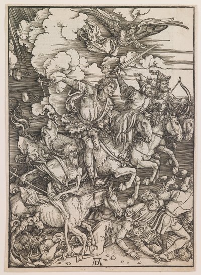 Czterej jeźdźcy Apokalipsy, z "Apokalipsy", ok. 1497-98 (drzeworyt) autorstwa Albrecht Dürer or Duerer