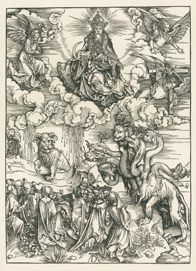 Potwór morski i bestia z rogami baranka. Objawienie Świętego Jana, ok. 1496-97 (drzeworyt) autorstwa Albrecht Dürer or Duerer