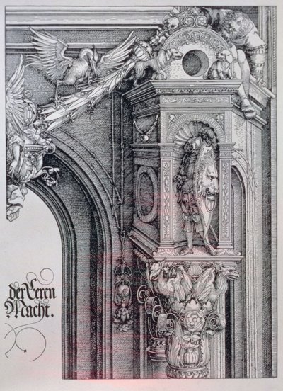 Łuk triumfalny cesarza Maksymiliana I (1459-1519): detal łuku centralnego (Brama Honoru i Władzy) przedstawiający foliowaną i ożywioną głowicę kolumny podtrzymującą rycerza stojącego w architektonicznej niszy, postać trzymająca jeden bok wiszącego cartou autorstwa Albrecht Dürer