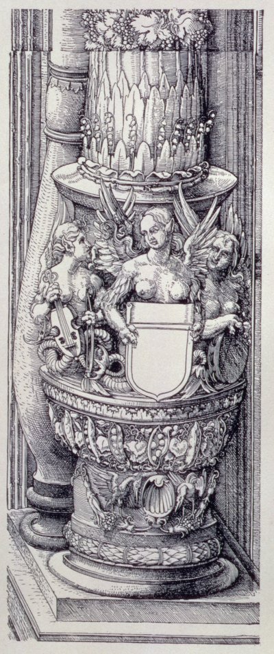Łuk triumfalny cesarza Maksymiliana I Niemiec (1459-1519): fragment centralnej Bramy Honoru i Władzy, podstawa lewej kolumny ozdobiona pasami liści i skrzydlatych żeńskich gryfów, dat. 1515, wyd. 1517/18 (drzewryt) autorstwa Albrecht Dürer