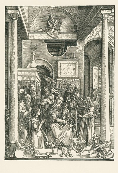 Dziewica czczona przez anioły i świętych, ok. 1502 r. (drzeworyt) autorstwa Albrecht Dürer or Duerer