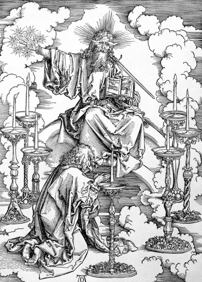 Wizja siedmiu świeczników z "Apokalipsy" lub "Objawień św. Jana Boskiego", wyd. 1498 (drzeworyt) autorstwa Albrecht Dürer