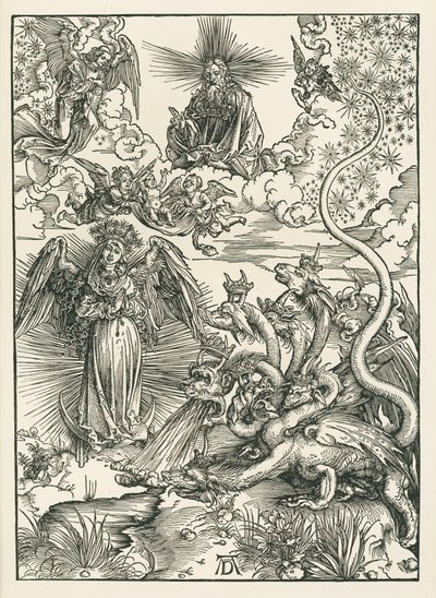 Niewiasta obleczona w słońce i siedmiogłowy smok. Objawienie Świętego Jana, ok. 1497 (drzeworyt) autorstwa Albrecht Dürer or Duerer