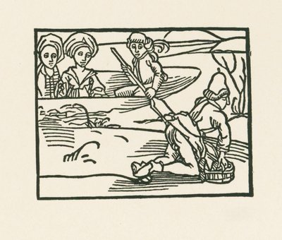 Księżna w łodzi na wodzie, gdzie kapłan pierze bieliznę, ok. 1489-90 (drzeworyt) autorstwa Albrecht Dürer or Duerer