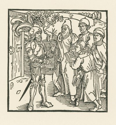 Rycerz zleca sporządzenie księgi dwóm skrybom i dwóm kapłanom autorstwa Albrecht Dürer or Duerer