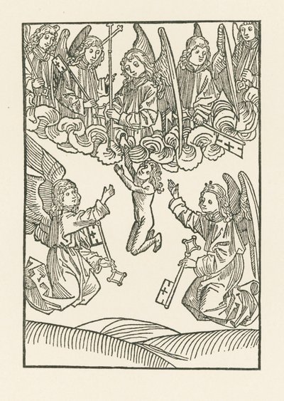 Siedmiu aniołów z krzyżem i sześcioma kluczami, którymi otworzyli Niebo dla sześciu dzieł Miłosierdzia, przyjmuje duszę do Nieba autorstwa Albrecht Dürer or Duerer