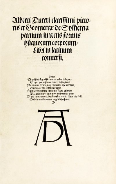 Strona tytułowa z monogramem drzeworytu Durera z „Hierinn sind vier bücher von Menschen Proportion” autorstwa Albrecht Dürer