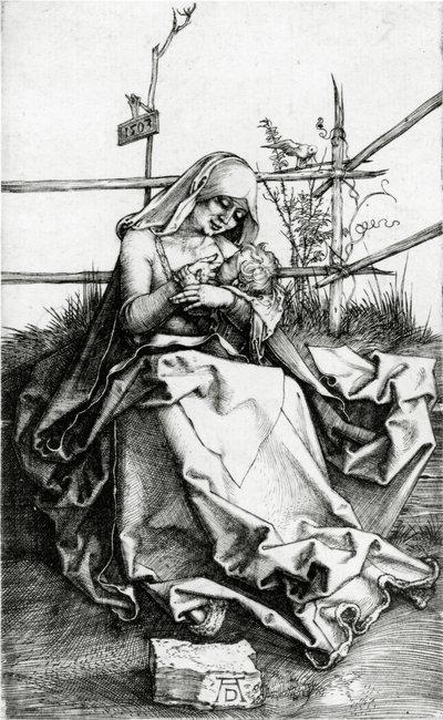 Dziewica z Dzieciątkiem na ławce z trawy autorstwa Albrecht Dürer
