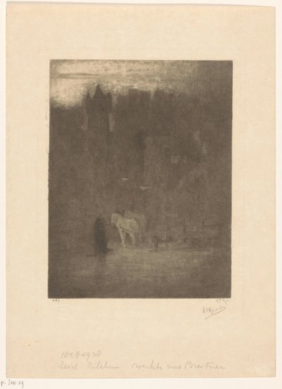 Figura i dwa konie na zamku we mgle autorstwa Albrecht Felix Reicher (signed by artist)