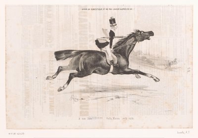 Jongeman op galopperend paard Mieć służącego, a nie mieć go przy sobie...! (tytuł na obiekcie) Kleine geneugten van het paardrijden (tytuł serii) Małe radości z jazdy konnej (tytuł serii na obiekcie) autorstwa Alcide Joseph Lorentz